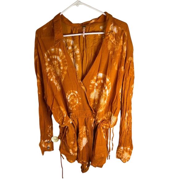 Free People Pants - Free People Marla Tie Dye Romper Orange Long Sleeve Women's Standard Siz…